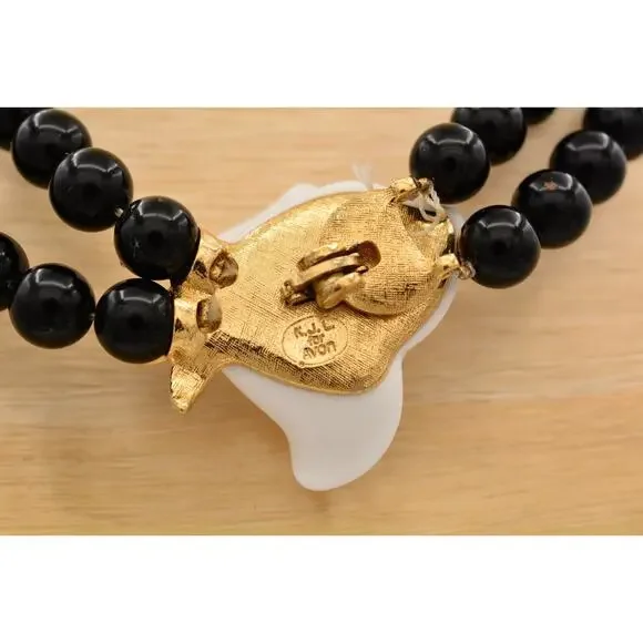 KJL Avon Necklace Collar White Rose Black Beaded Gold Tone Crystal Signed 9A - Picture 11 of 12